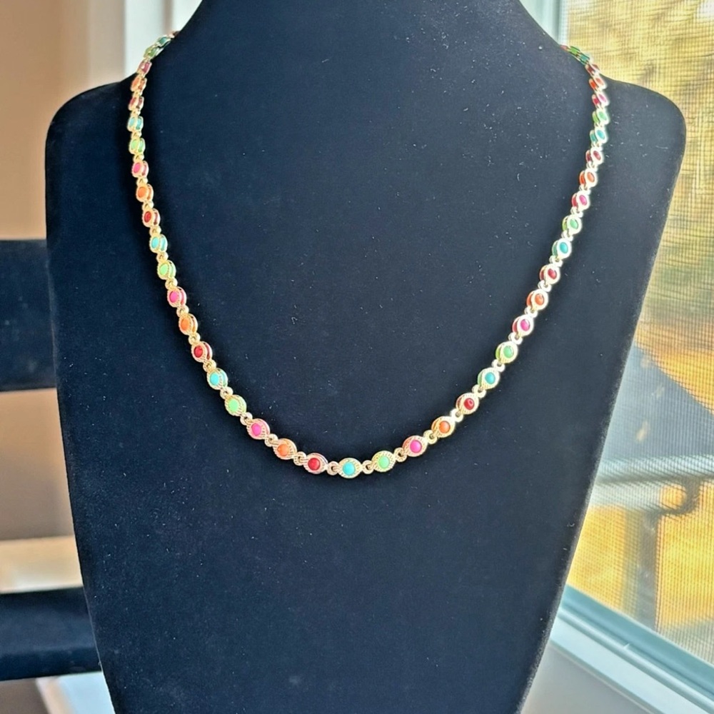 Gold Plated Rainbow Beaded Station Necklace Colorful Dainty Chain NWT - Picture 6 of 10
